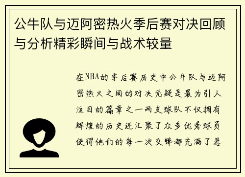 公牛队与迈阿密热火季后赛对决回顾与分析精彩瞬间与战术较量